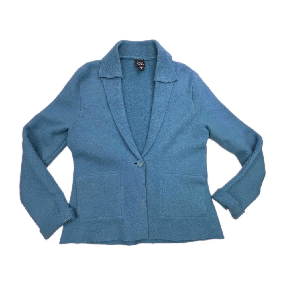 EILEEN FISHER Boiled Wool Jacket Blazer Blue Pockets One Button Size XS *Flaw